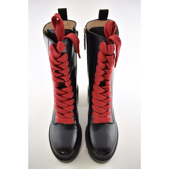 Gucci Trip Black Leather Red Green Web Stripe Mid Calf Block Heel Combat Boot 35 - Picture 7 of 12